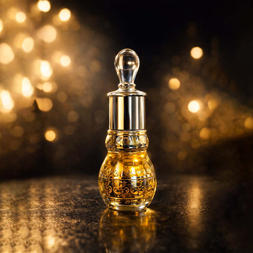 Veena Royal Series Ombre Leather pure perfume concentrate bottle highlighted under luxury golden cinematic lighting.