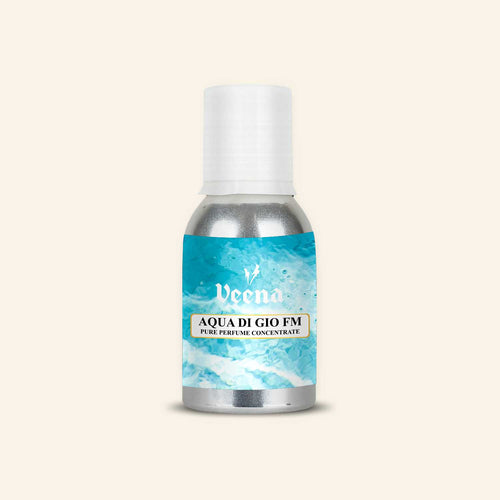 Veena Aqua Di Gio FM Pure Perfume Concentrate aluminum bottle with an ultra-fresh graphic showing crystal clear rippling turquoise ocean water on the label.