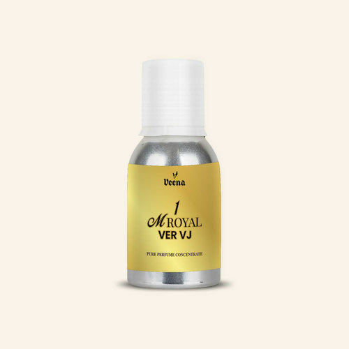 Veena 1 M ROYAL VER VJ Pure Perfume Concentrate in a Premium Silver Aluminum Bottle with a Metallic Gold Label and Clean Black Typography