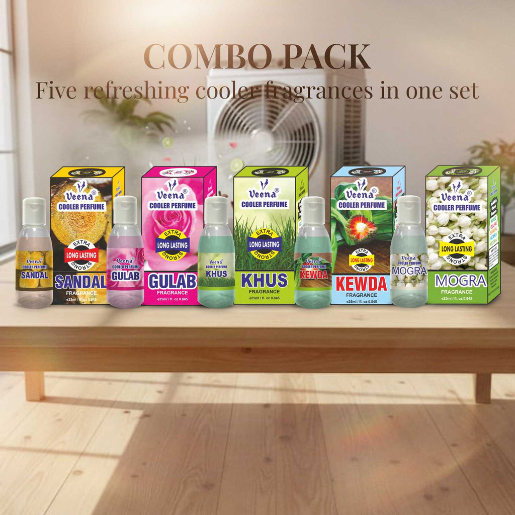 Veena Cooler Perfume Combo Pack – Mogra, Gulab, Sandal, Kewda & Khus (5 x 25 ml)