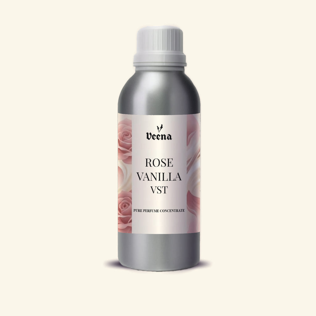 Veena Rose Vanilla Vst Pure Perfume Concentrate silver aluminum bottle with soft pink rose cream label premium fragrance oil