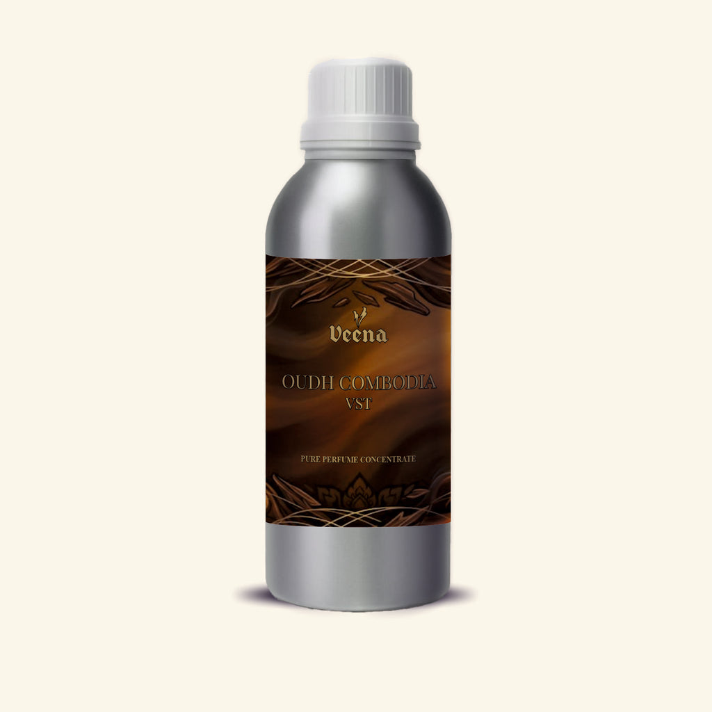 Veena Oudh Combodia Vst Pure Perfume Concentrate silver aluminum bottle with dark brown gold lattice label premium fragrance oil