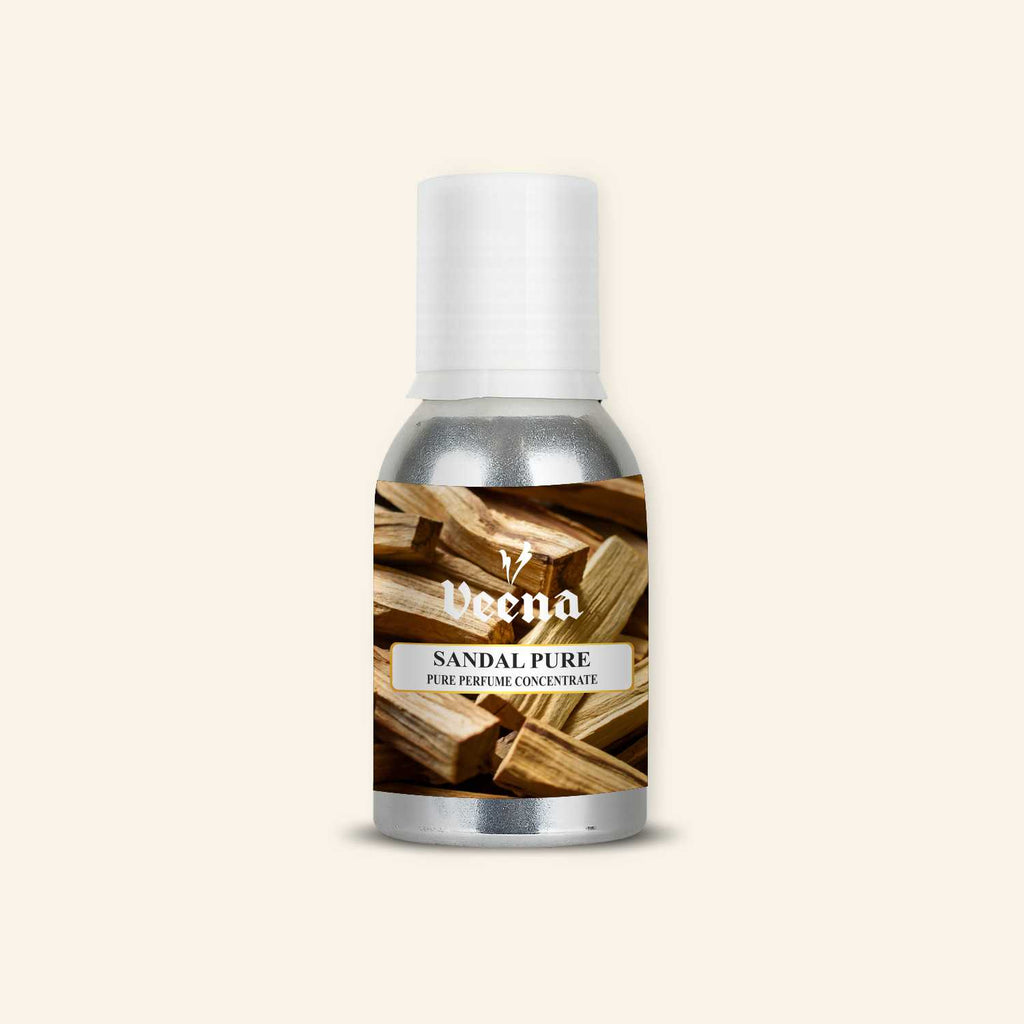 Veena Sandal Pure Perfume Concentrate silver bottle featuring premium raw sandalwood timber chips illustration label.