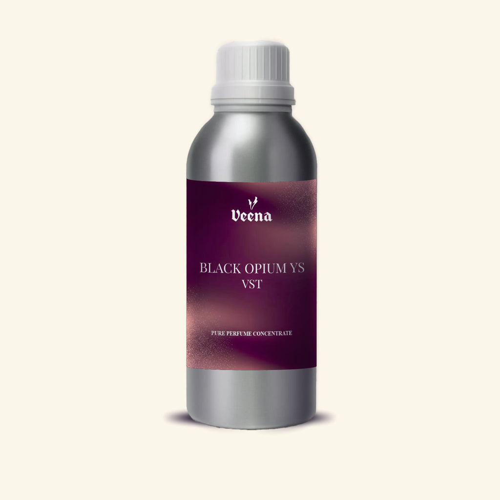 Veena Black Opium Ys Vst Pure Perfume Concentrate silver aluminum bottle with deep plum purple glitter label premium fragrance oil
