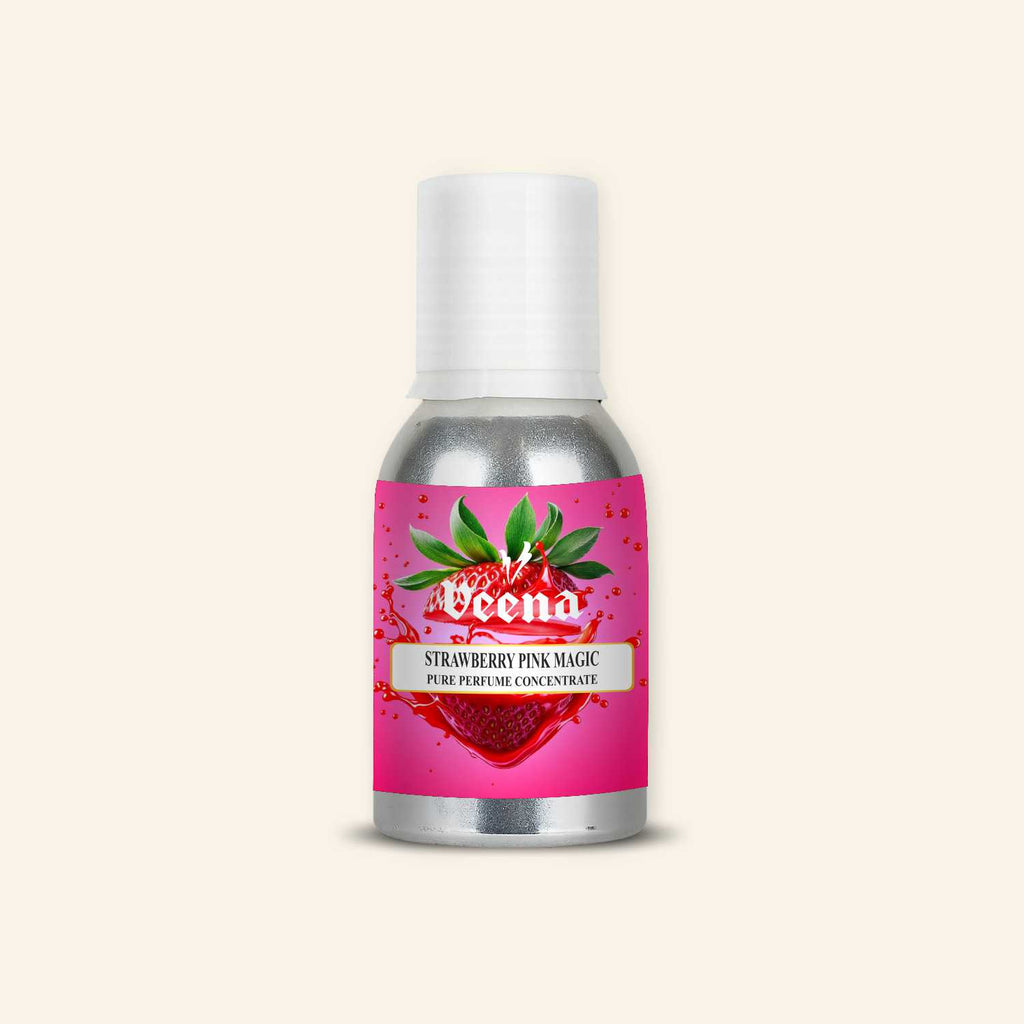 Veena Strawberry Pink Magic Pure Perfume Concentrate bottle with dynamic red strawberry splash on a vibrant pink background label.