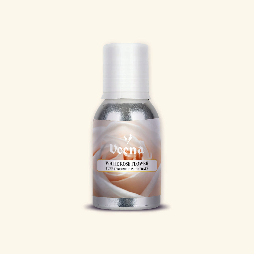 "Veena White Rose Flower Pure Perfume Concentrate premium clean elegant white floral fragrance oil bottle".