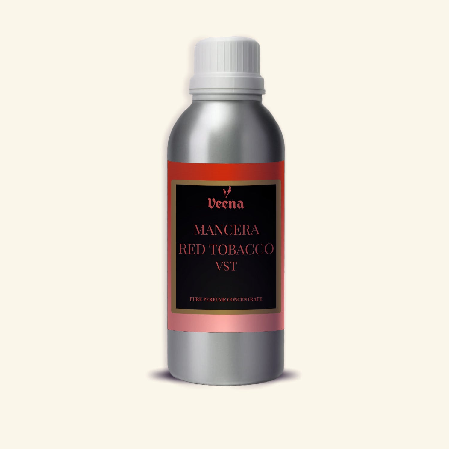 Veena Mancera Red Tobacco Vst Pure Perfume Concentrate silver aluminum bottle with red black and gold label premium fragrance oil