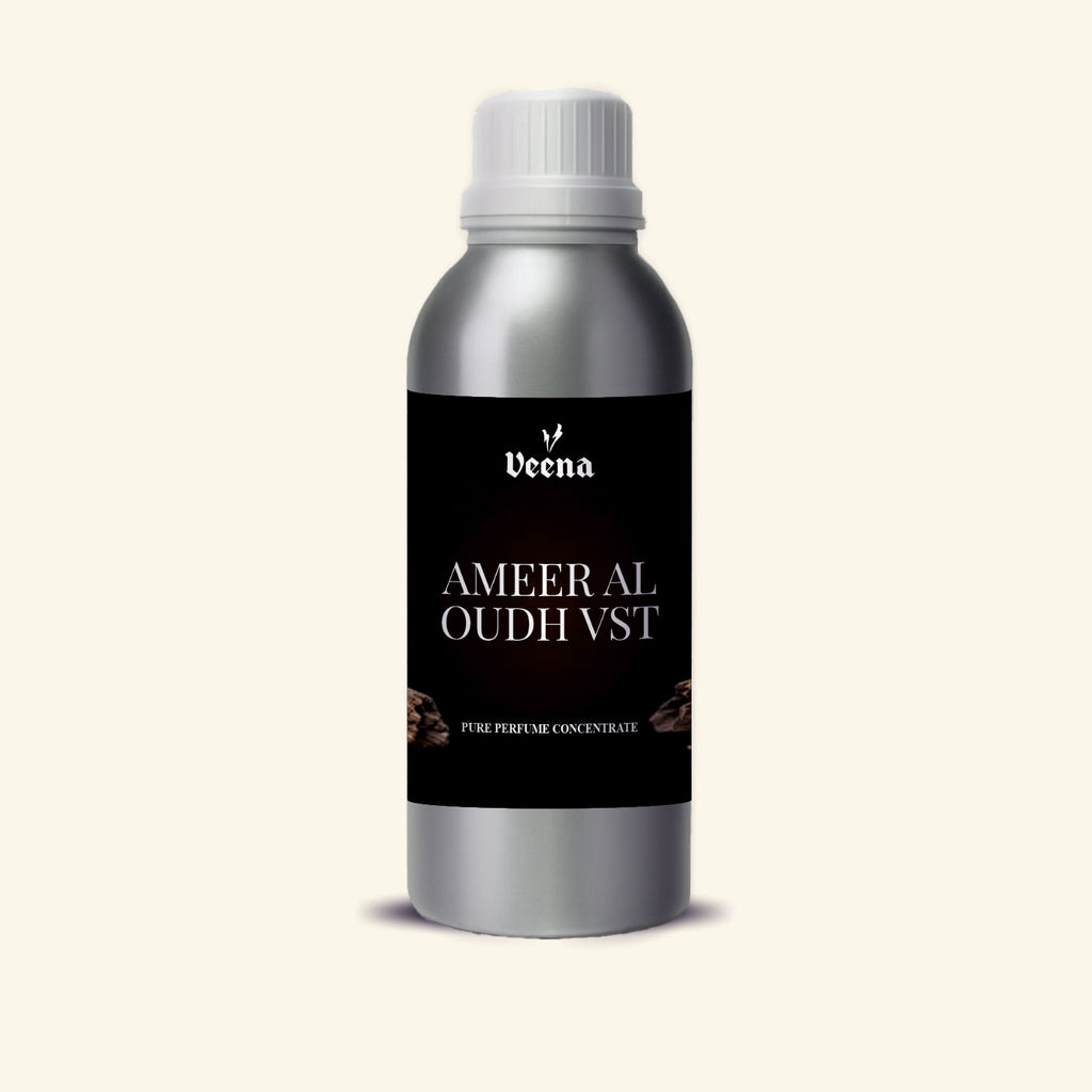 Veena Ameer Al Oudh Vst Pure Perfume Concentrate silver aluminum bottle with matte black wood grain label premium fragrance oil