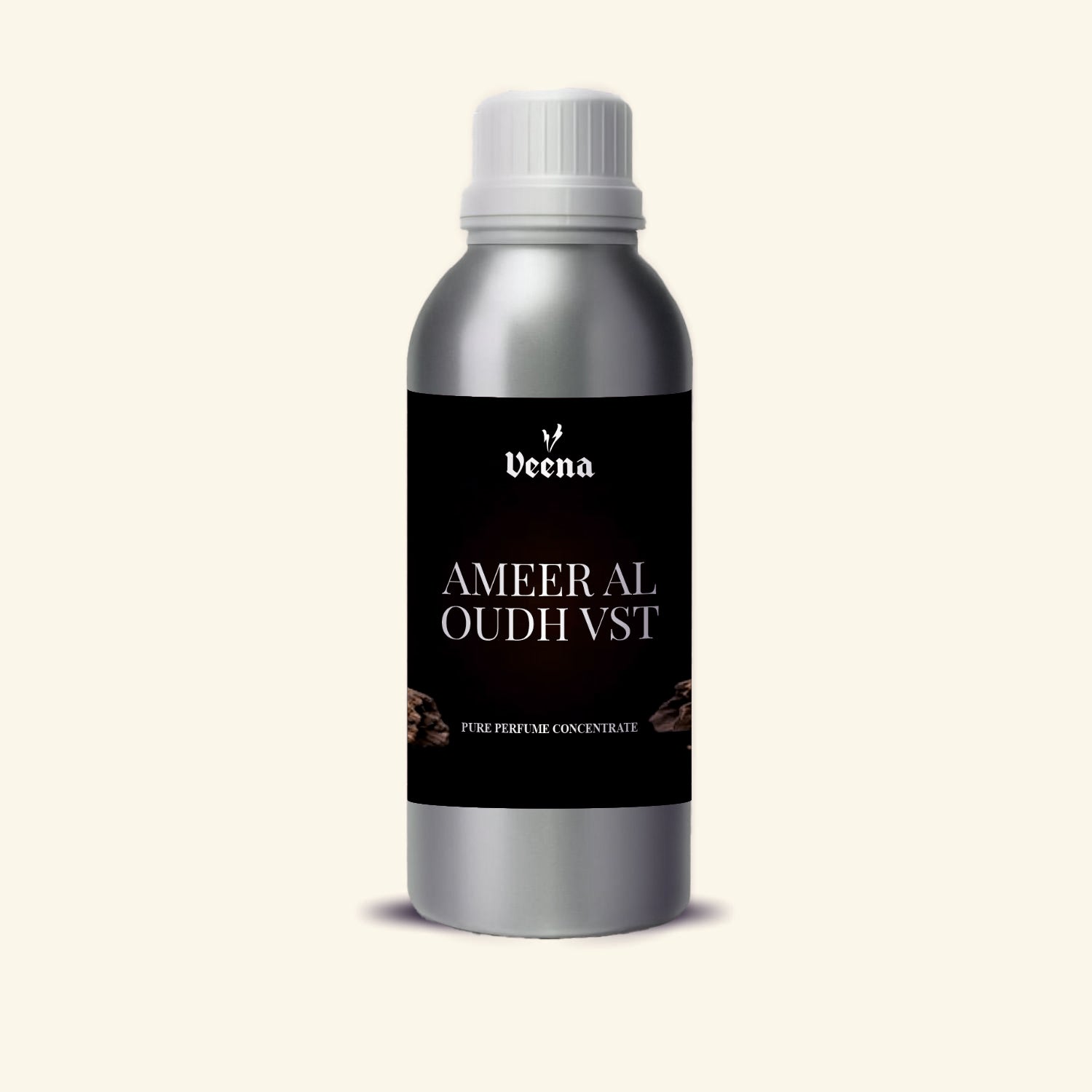 Veena Ameer Al Oudh Vst Pure Perfume Concentrate silver aluminum bottle with matte black wood grain label premium fragrance oil