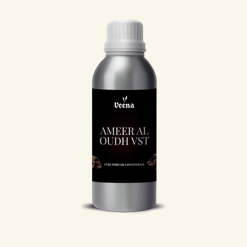 Veena Ameer Al Oudh Vst Pure Perfume Concentrate silver aluminum bottle with matte black wood grain label premium fragrance oil