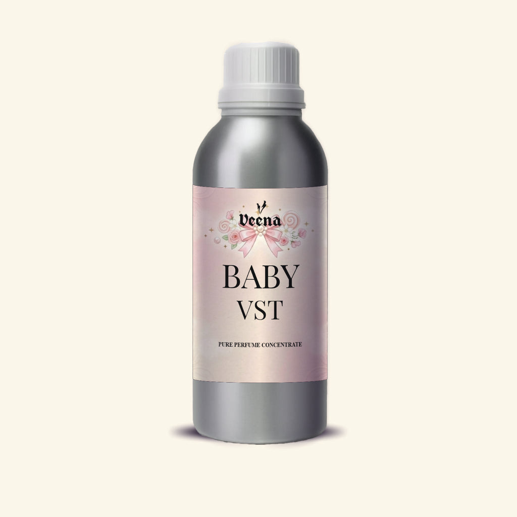 Veena Baby Vst Pure Perfume Concentrate silver aluminum bottle with soft pastel pink bow and rose label premium fragrance oil