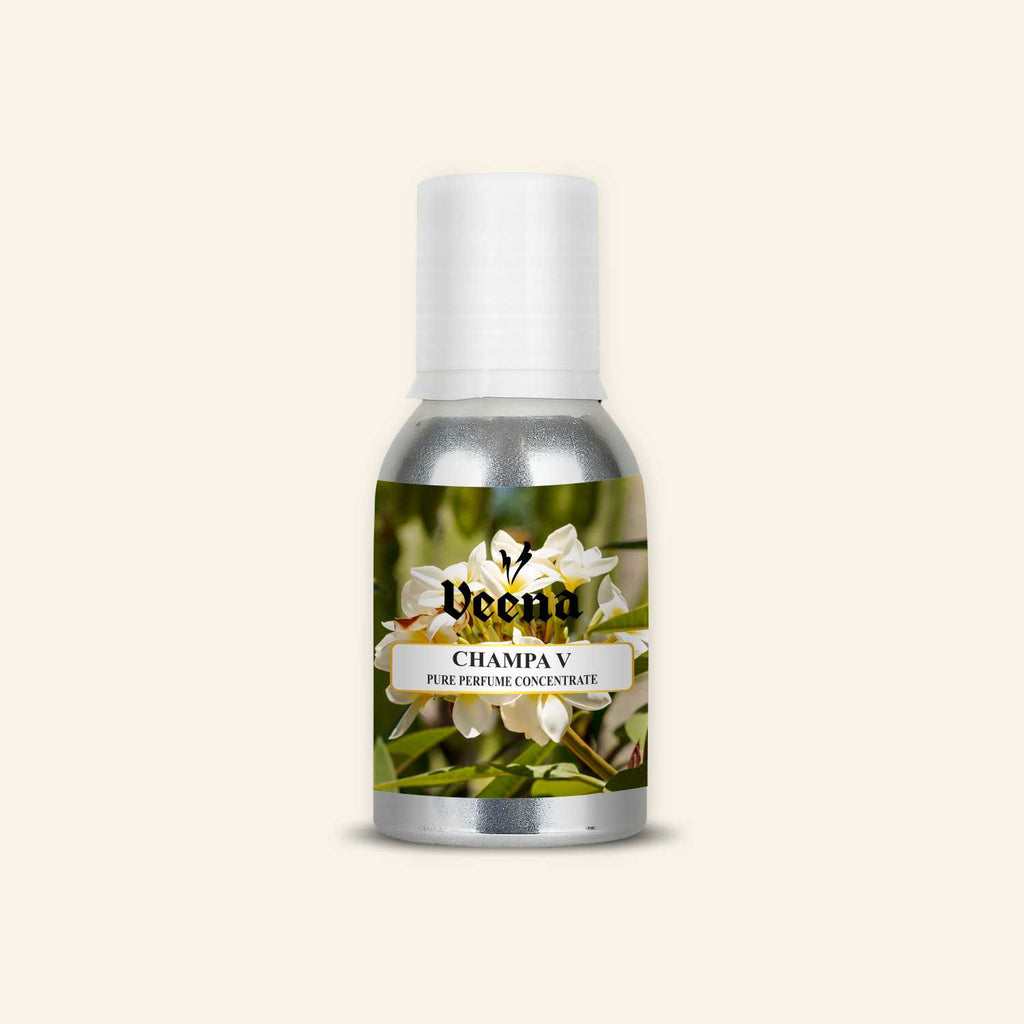 Veena Champa V Pure Perfume Concentrate aluminum bottle with a premium white frangipani champa flower cluster illustration label design.