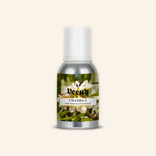 Veena Champa V Pure Perfume Concentrate aluminum bottle with a premium white frangipani champa flower cluster illustration label design.