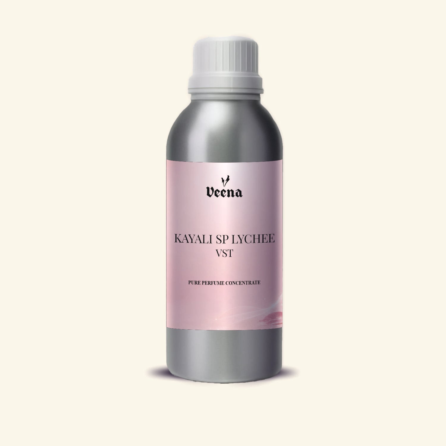 Veena Kayali Sp Lychee Vst Pure Perfume Concentrate silver aluminum bottle with metallic rose pink label premium fragrance oil