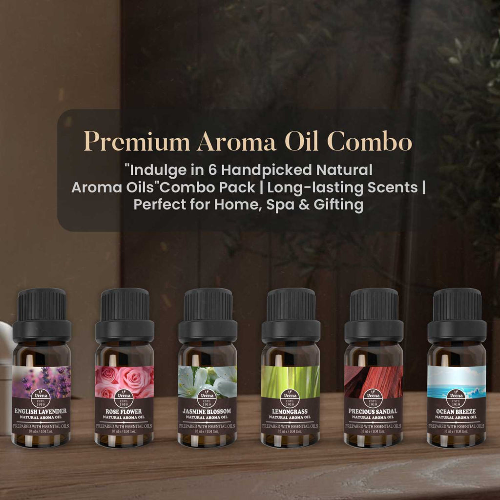 Premium Aroma Oil Combo - 6 Fragrant Scents (Lavender, Rose, Jasmine, Lemongrass, Sandal, Ocean Breeze)