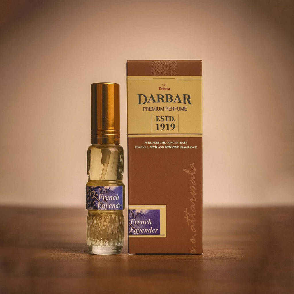 Veena Darbar French Lavender perfume bottle standing next to its heritage brown outer packaging box
