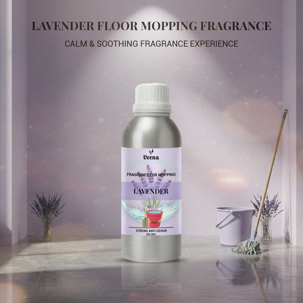 Veena Lavender Floor Mopping Fragrance 500g aluminum bottle with a soft purple theme, shown next to a lavender mop and bucket.