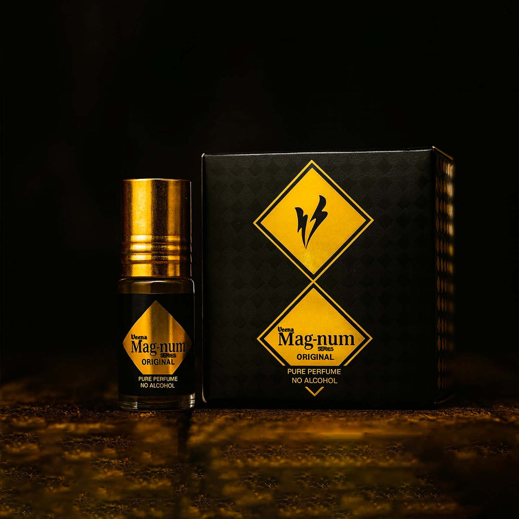 Veena luxury Magnum Series non-alcoholic pocket perfume oil roll-on standing next to its premium black and gold presentation display box.