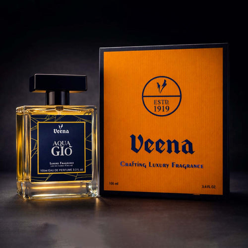 Veena Aqua Gio premium 100ml aquatic perfume bottle with its luxury orange packaging box