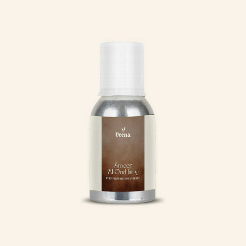 Veena Ameer Al Oud Lat VJ Pure Perfume Concentrate in a Premium Silver Aluminum Bottle with an Off-White Label and a Smoky Brown Central Panel