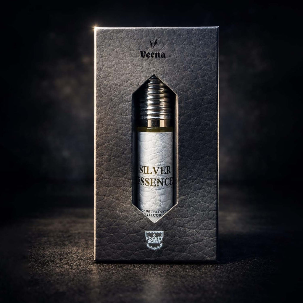 Veena concentrated Silver Essence attar roll-on bottle nested perfectly inside its custom diamond-window presentation gift box.