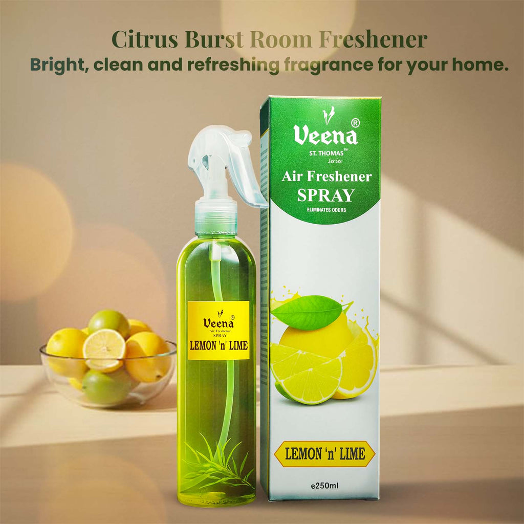 Veena luxury Lemon n Lime air freshener 250ml spray bottle standing next to its premium white and green citrus presentation box.