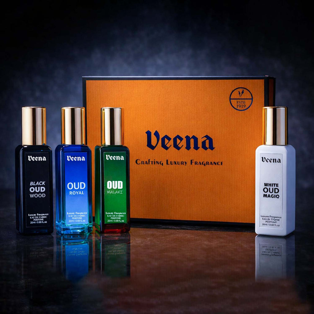 Premium Veena Oud fragrance collection gift box pack with four 20ml luxury fabric sprays.