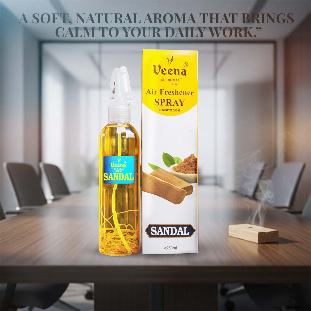 Veena luxury Rajnigandha air freshener 250ml spray bottle standing next to its premium white and green floral presentation box.