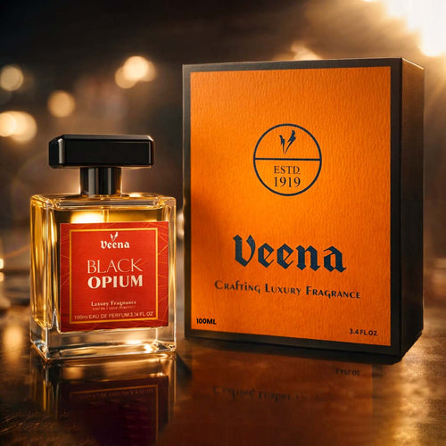 Veena Black Opium premium 100ml perfume bottle standing next to its signature luxury orange packaging box