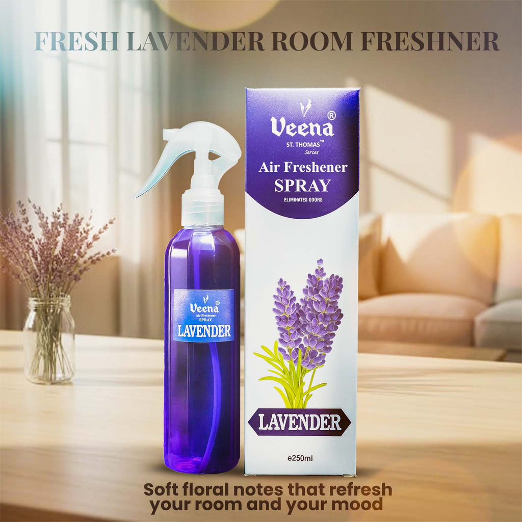 Veena luxury Lavender air freshener 250ml spray bottle standing next to its premium white and purple presentation gift box.