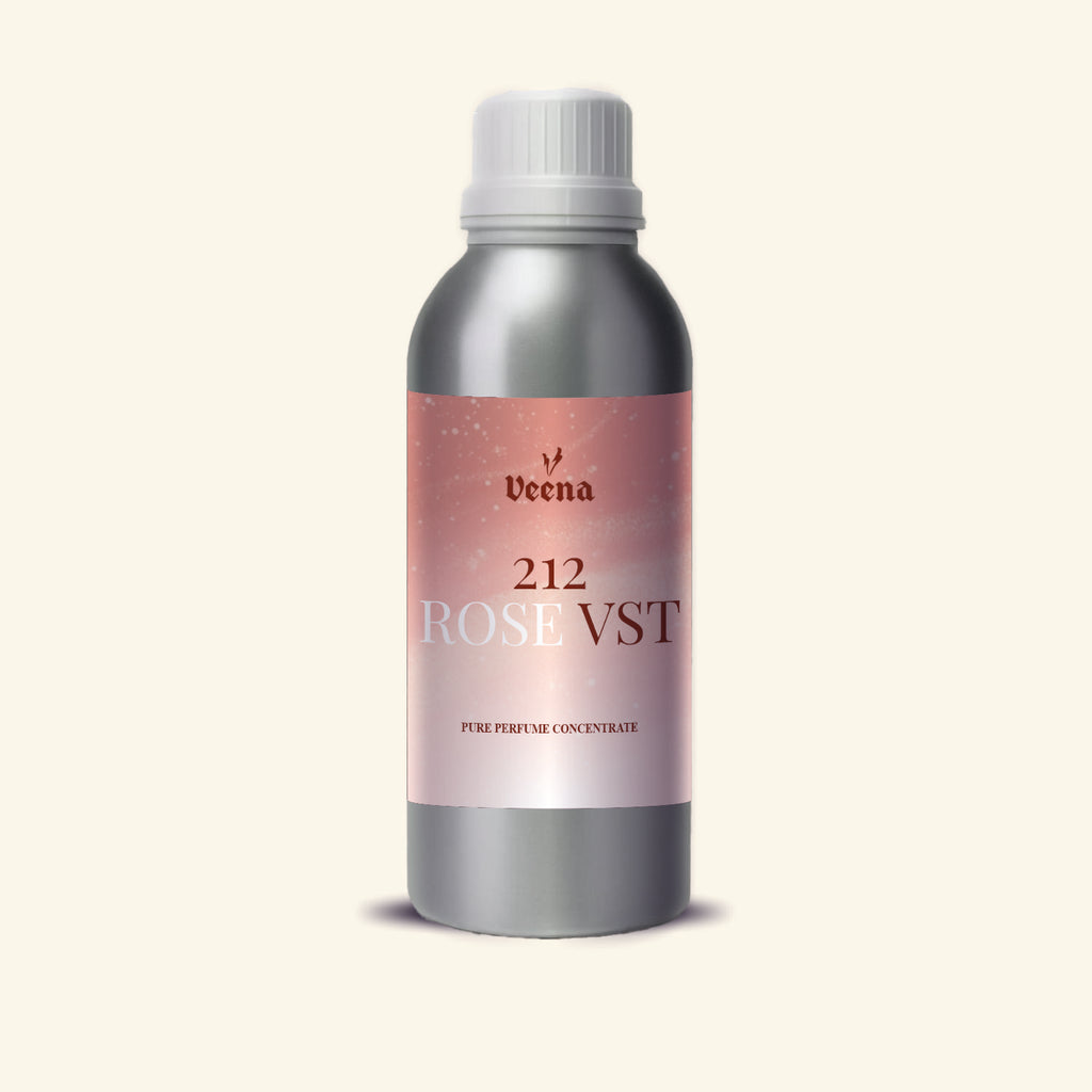 Veena 212 Rose Vst Pure Perfume Concentrate silver aluminum bottle with rose gold glitter mist label premium fragrance oil