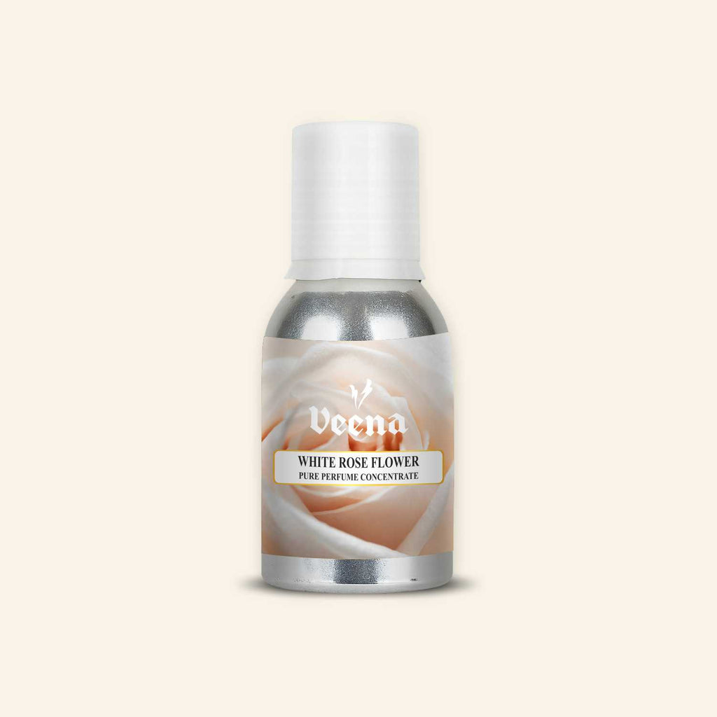 Veena White Rose Flower Pure Perfume Concentrate aluminum bottle with a soft macro white rose blossom illustration label design.