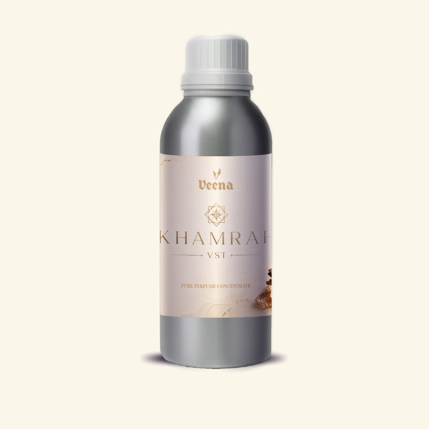 Veena Khamrah Vst Pure Perfume Concentrate silver aluminum bottle with cream gold marble label premium fragrance oil