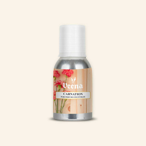 Veena Carnation Pure Perfume Concentrate aluminum bottle with a beautiful pink carnation flowers and light wood grain background label design.