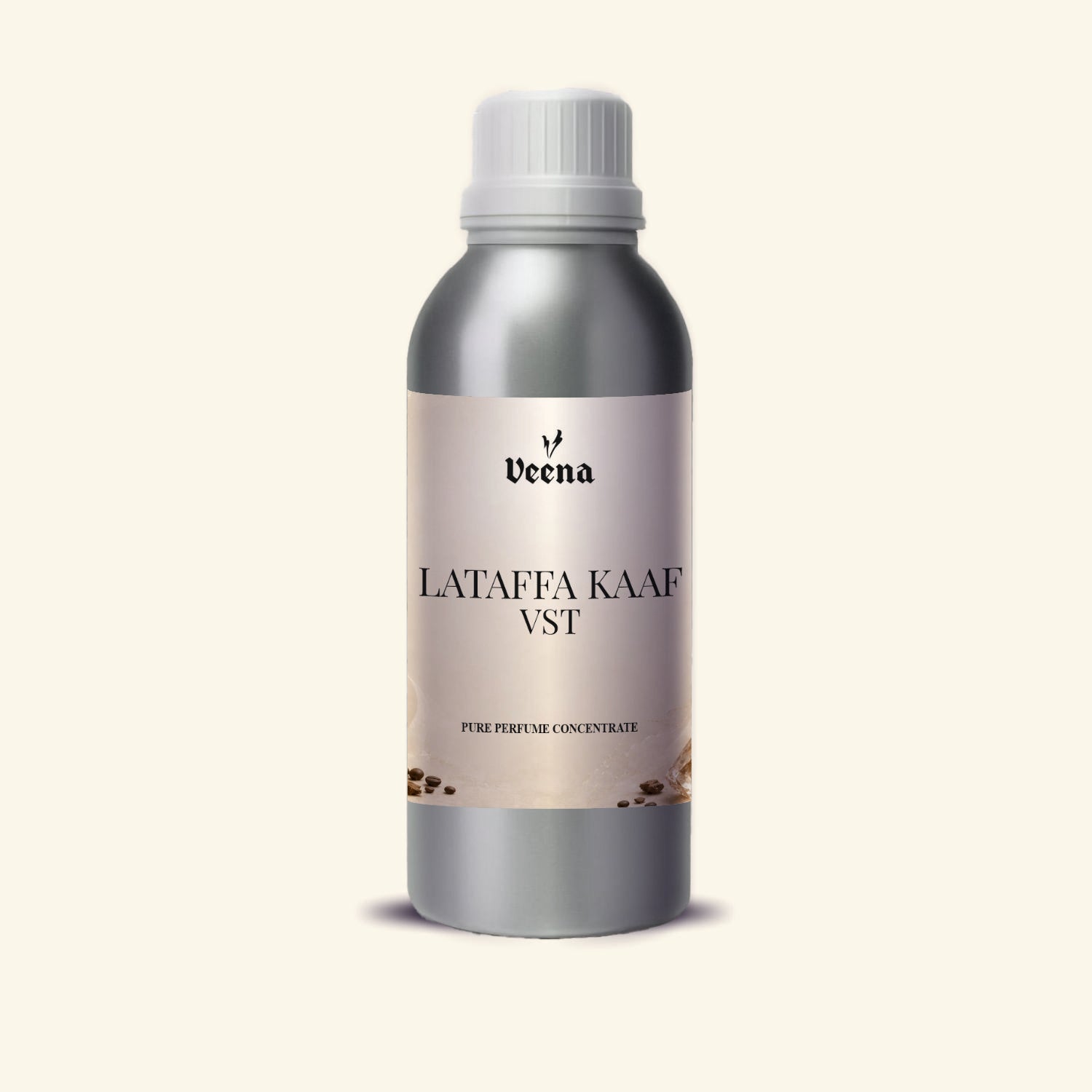 Veena Lataffa Kaaf Vst Pure Perfume Concentrate silver aluminum bottle with champagne cream label premium fragrance oil