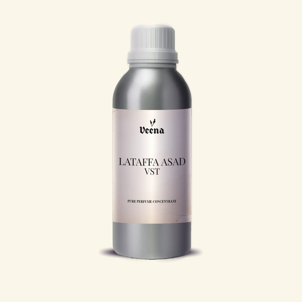 Veena Lataffa Asad Vst Pure Perfume Concentrate silver aluminum bottle with minimalist champagne silver label premium fragrance oil