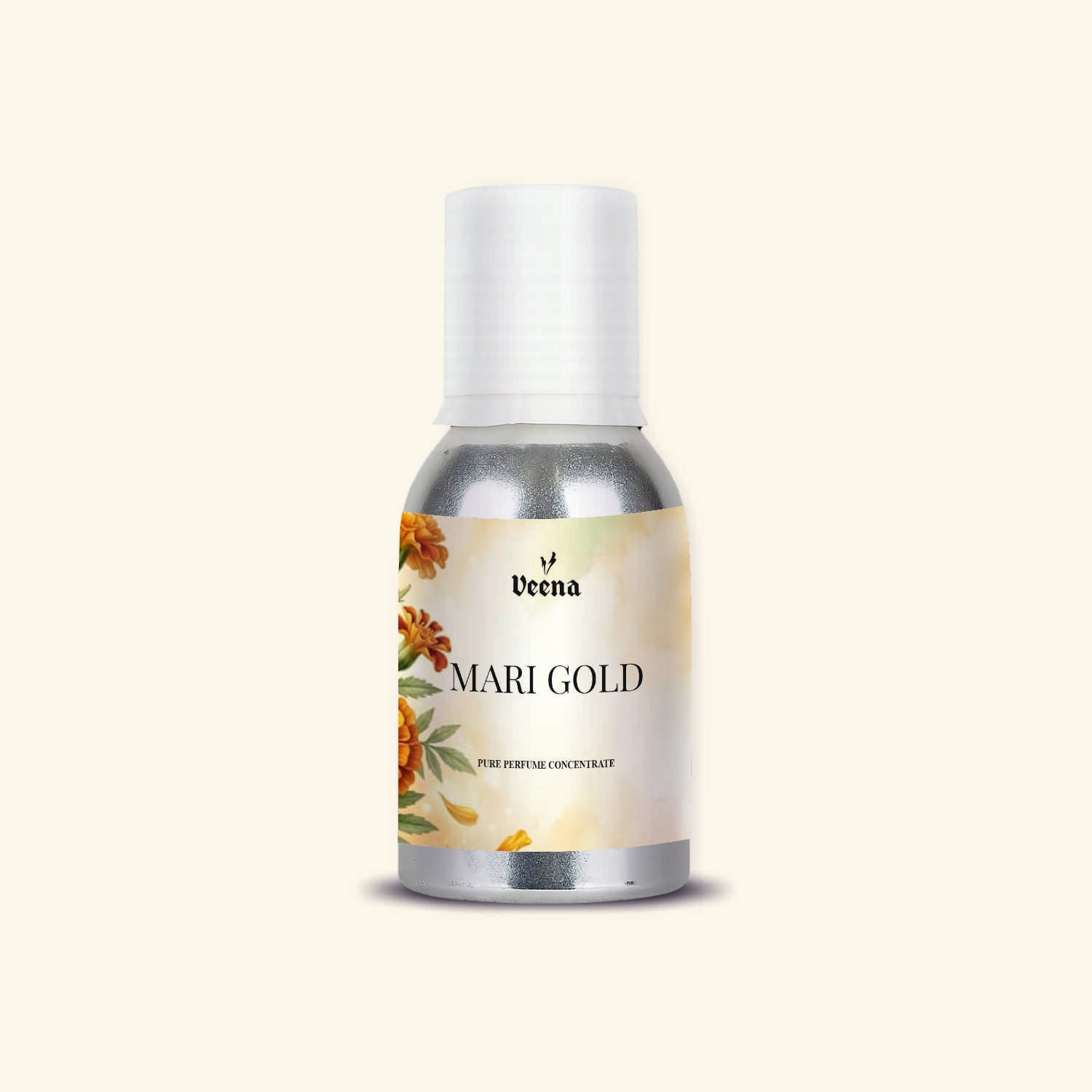 "Veena Mari Gold Pure Perfume Concentrate traditional marigold fragrance oil bottle".