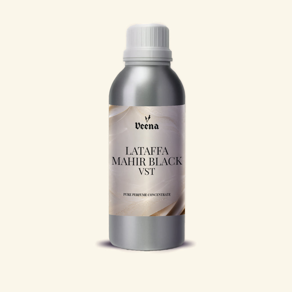 Veena Lataffa Mahir Black Vst Pure Perfume Concentrate silver aluminum bottle with smoky champagne marble label alternative view