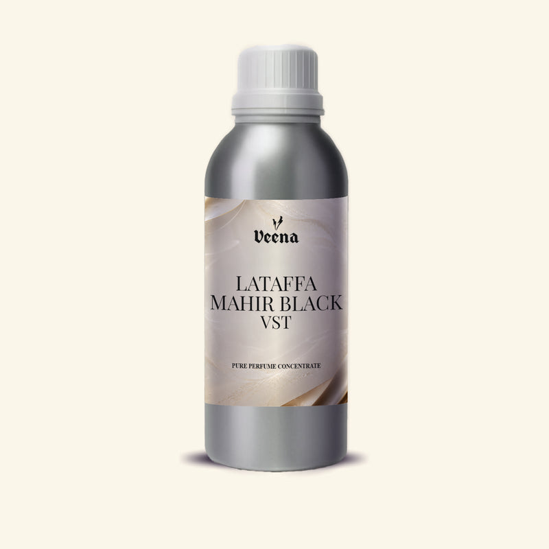 Veena Lataffa Mahir Black Vst Pure Perfume Concentrate silver aluminum bottle with smoky champagne marble label alternative view