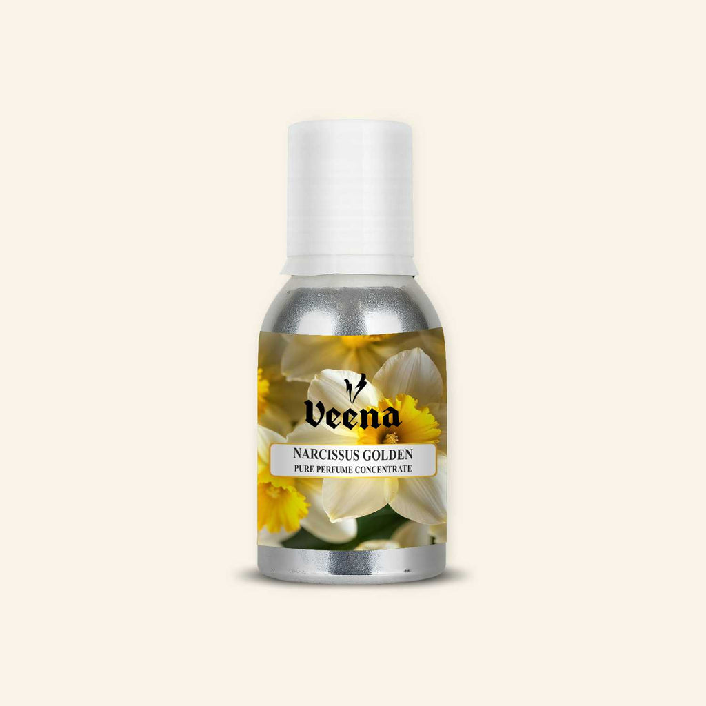 Veena Narcissus Golden Pure Perfume Concentrate aluminum bottle with a premium yellow and white daffodil floral pattern design label.