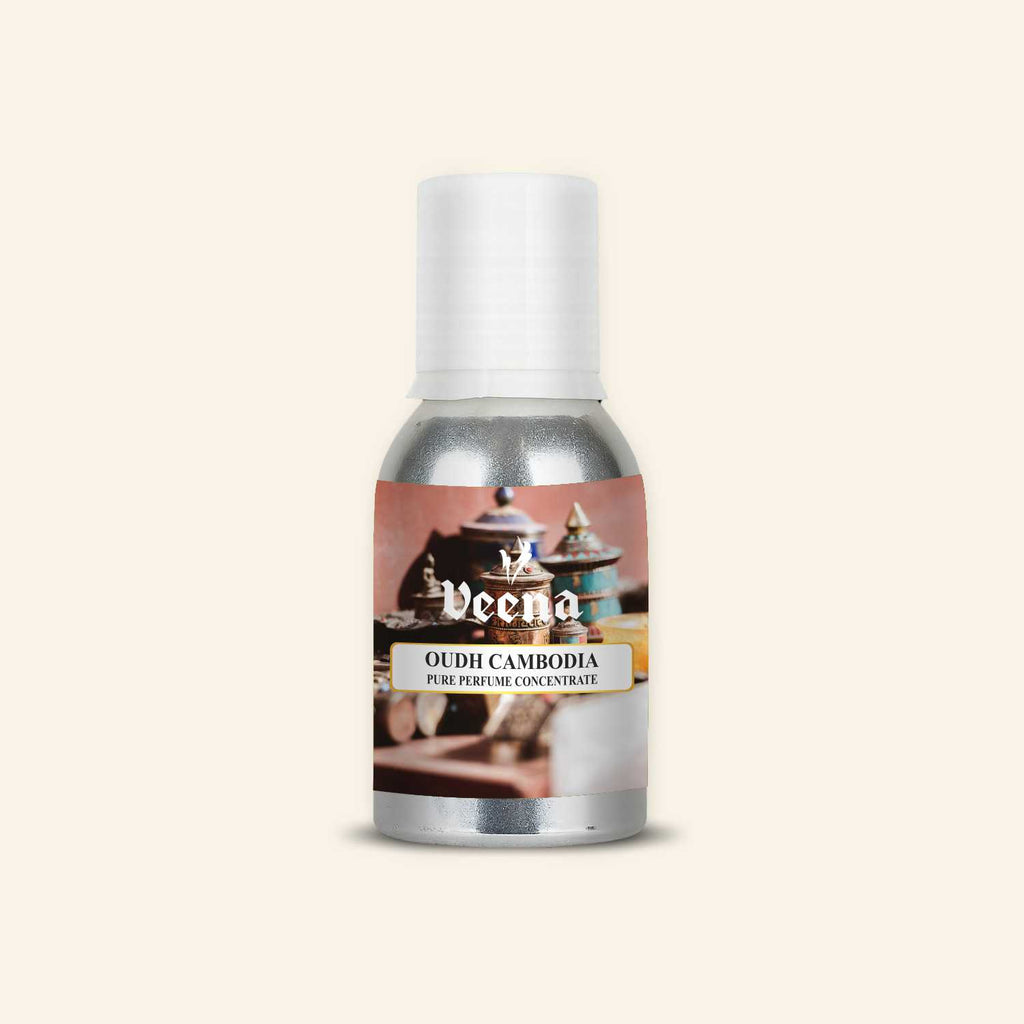 Veena Oudh Cambodia Pure Perfume Concentrate aluminum bottle with an authentic, rustic Middle Eastern or Asian decorative containers illustration label design.