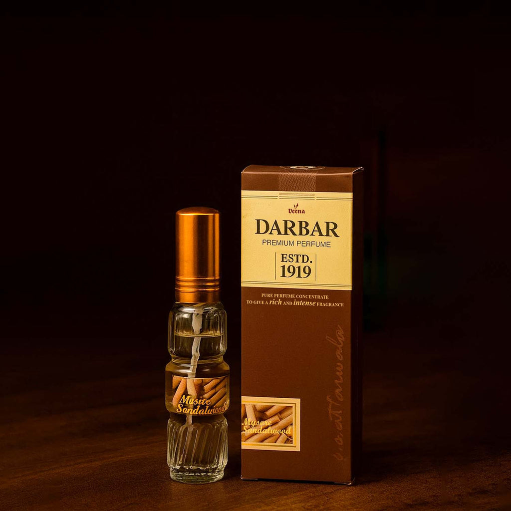 Veena Darbar pure chandan fragrance concentrate bottle and premium box case presentation shot