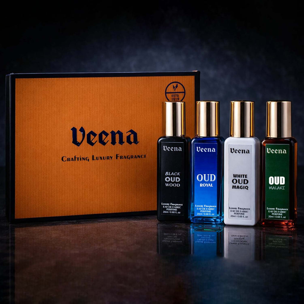 Veena Oud wood and royal oud apparel fragrance set for men and women available on Amazon.