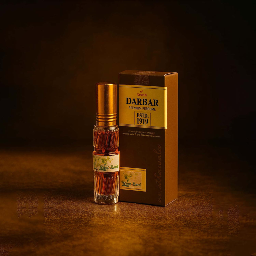 Veena Darbar pure night queen fragrance concentrate bottle and premium box case presentation shot