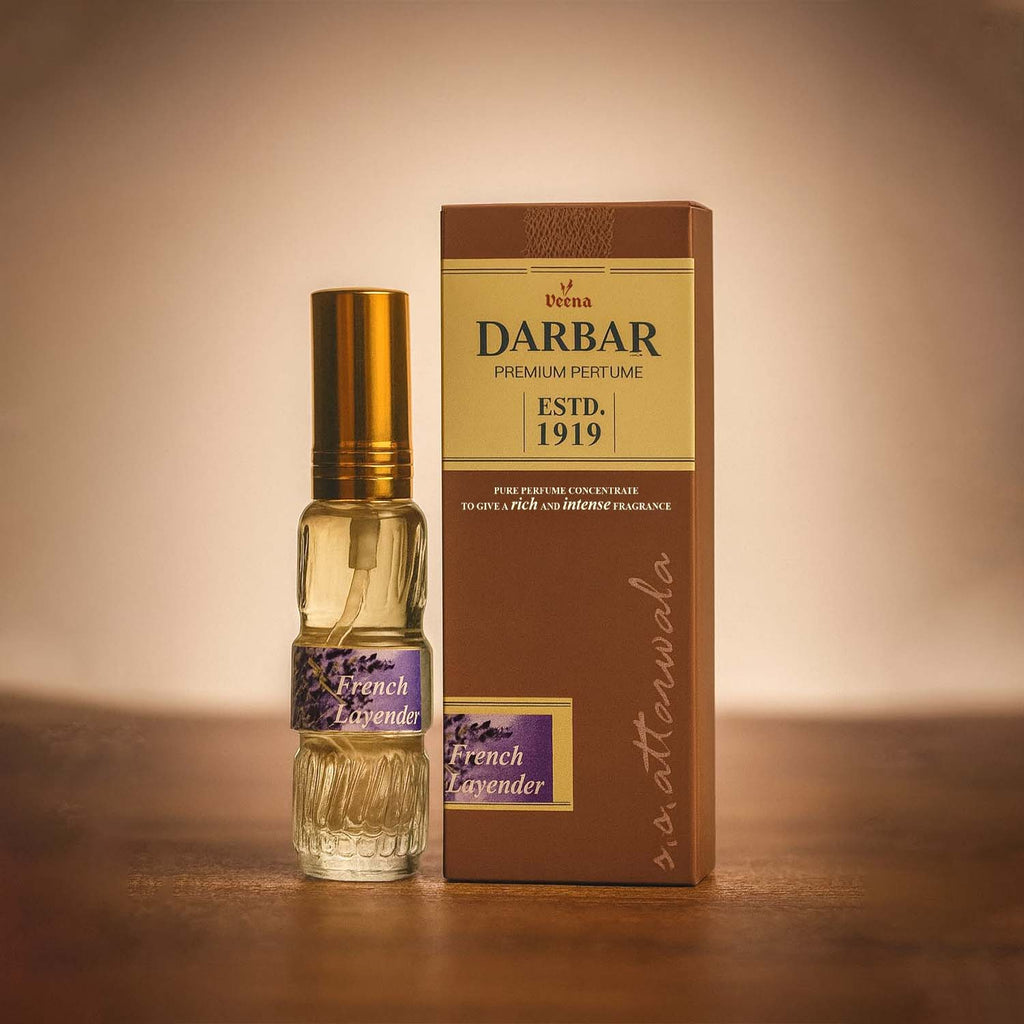 Veena Darbar pure lavender fragrance concentrate bottle and premium box case layout