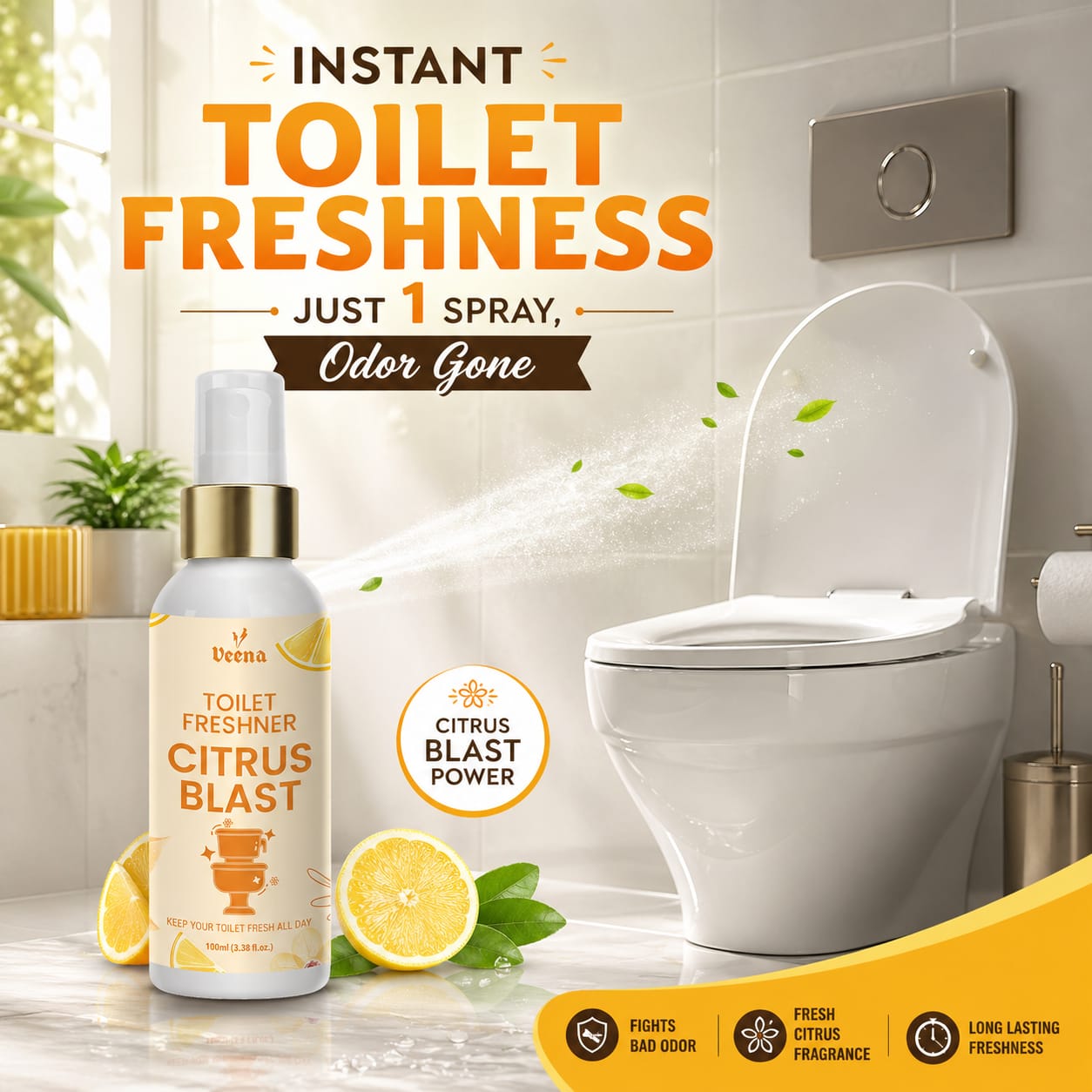 Instant Toilet Freshness Spray | Veena Citrus Blast Bathroom Freshener