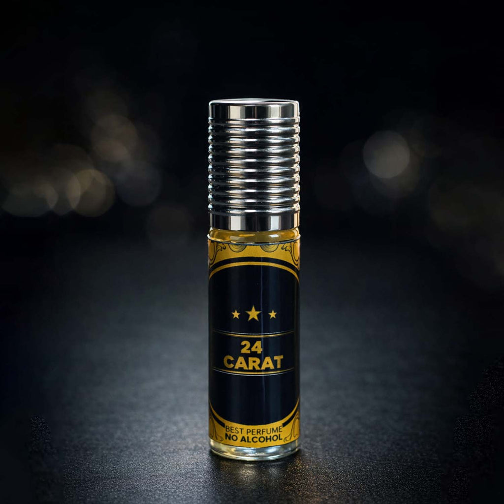 Veena 24 Carat premium non-alcoholic perfume oil roll-on bottle with a black and gold star label and ribbed silver cap against a dark bokeh background.