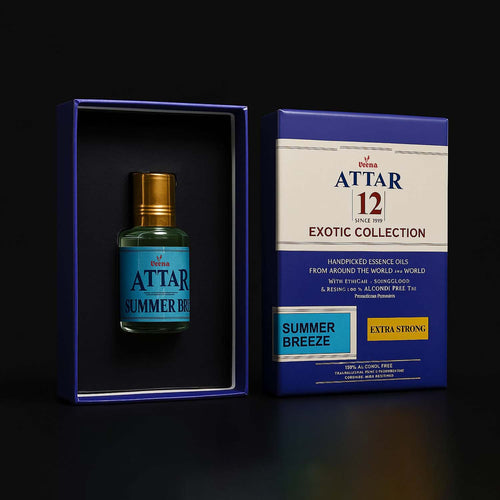 Veena Attar 12 Summer Breeze bottle safely placed inside its signature dark blue exotic collection gift box