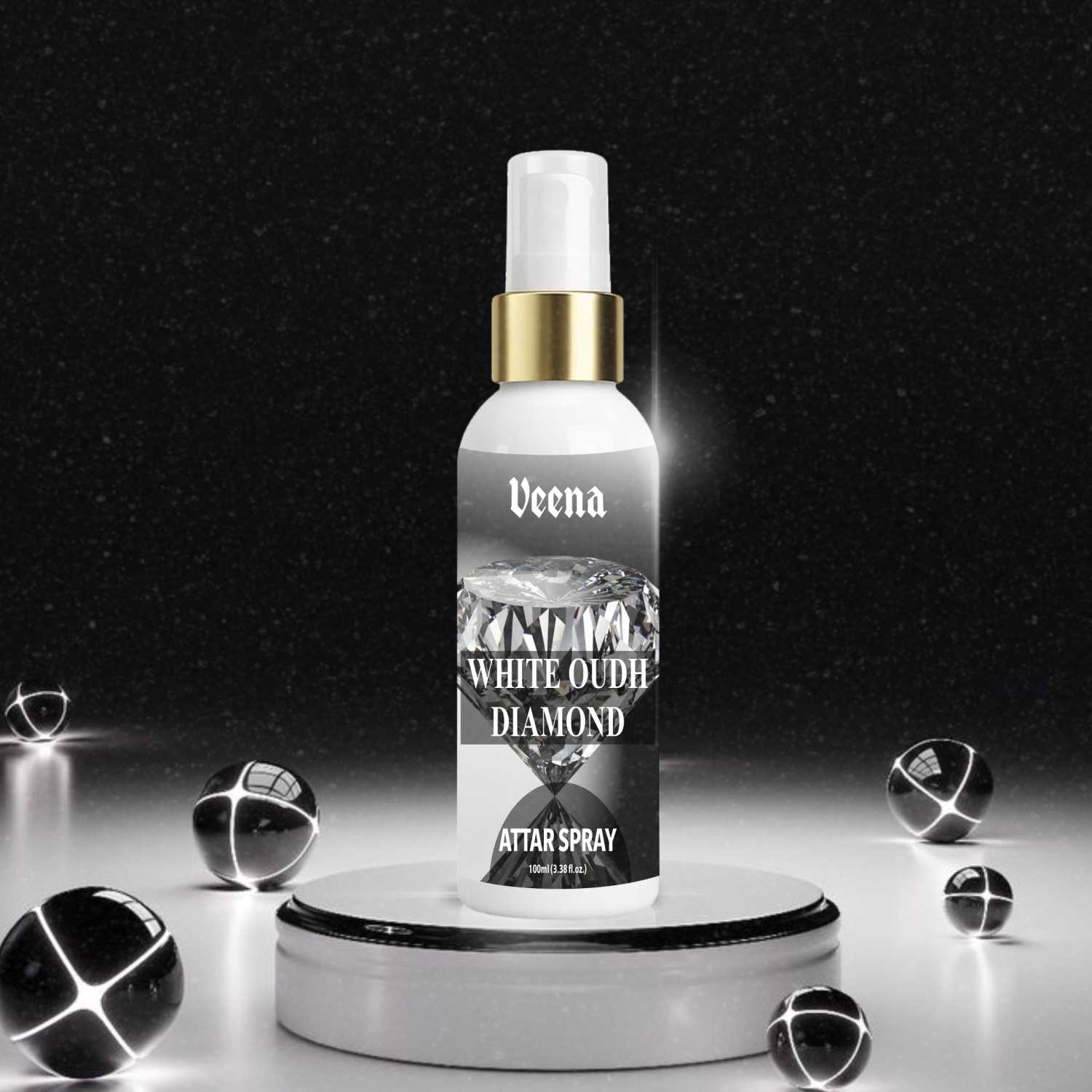 Veena White Oudh Diamond – Premium Soft Oudh Attar Spray (100ml)