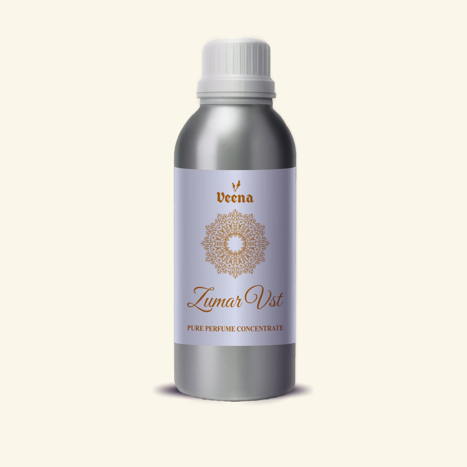 Veena Zumar Vst Pure Perfume Concentrate silver aluminum bottle with gold mandala label premium fragrance oil